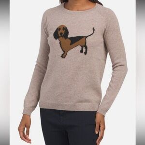 NWT Philosophy‎ 100% Cashmere Dog Daschund Sweater Tan Crew Neck Large